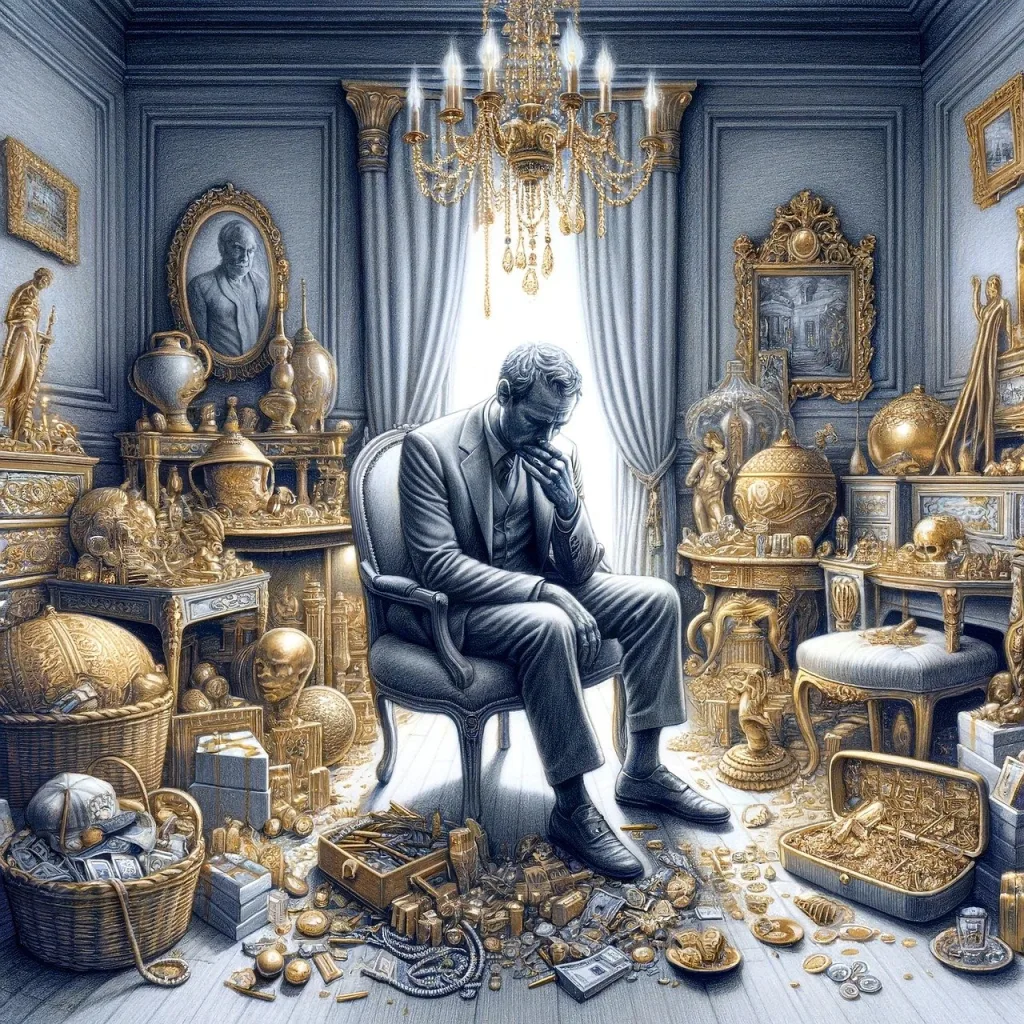 room of riches with statue of man sitting in chair